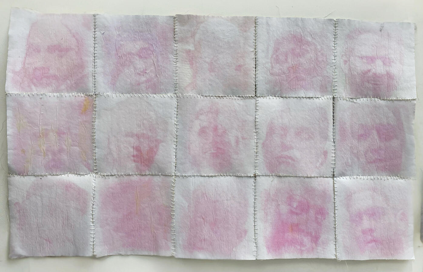 Untitled Hand-sewn patchwork tapestry, image transfers on canvas 50 x 100 cm 2025