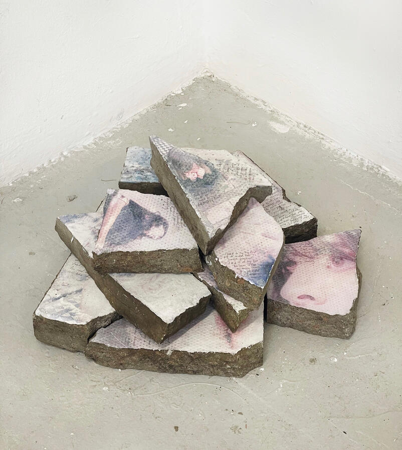 Strata Image transfers and handwriting on found pavement slabs Varying sizes 2025